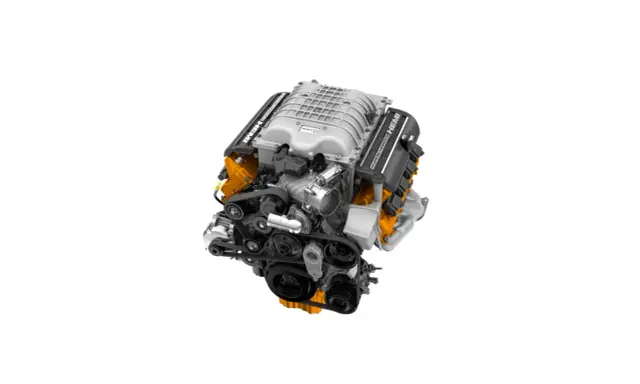 Potężny silnik Hellcat z napisem "SUPERCHARGED HEMI".