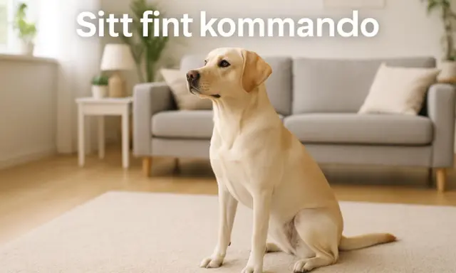 En gul labrador sitter fint på en matta i ett vardagsrum. Hunden väntar på sitt kommando.