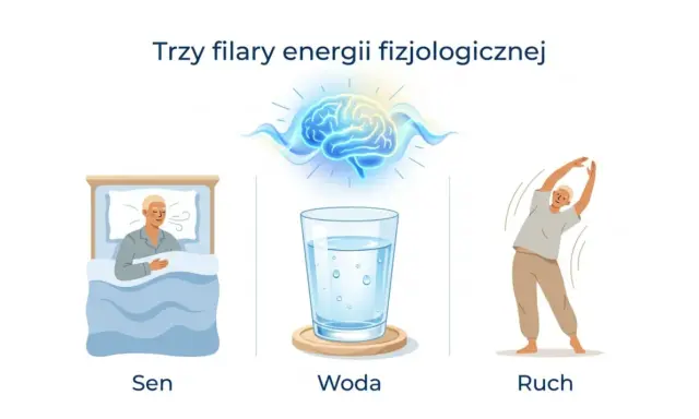 Sen, woda i ruch to klucz do produktywności. Ilustracja pokazuje śpiącą osobę, szklankę wody i ćwiczącego człowieka.