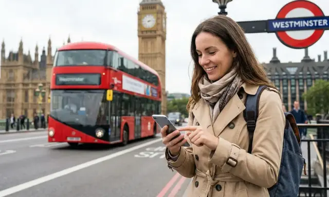 Kobieta z telefonem w ręku, na tle czerwonego autobusu i Big Bena. Wygodny internet w UK ułatwia zwiedzanie.