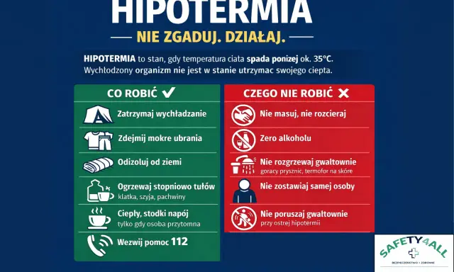 Hipotermia co to? Gdy temp. ciała spada poniżej 35°C, organizm się wychładza. Działaj: zatrzymaj wychładzanie, zdejmij mokre ubrania, ogrzewaj stopniowo. Nie masuj, nie podawaj alkoholu. Wezwij pomoc 112.