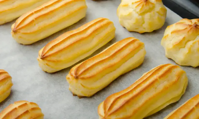 Des éclairs et des choux dorés, prêts à être garnir. La pâte à choux est prête pour une gourmandise.