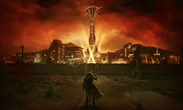 Postapokaliptyczny krajobraz z wieżą Lucky 38 w tle, nawiązujący do gry Fallout: New Vegas PCR.