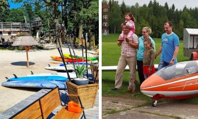 Rodzinna wycieczka do Jeleniej Góry: plaża z deskami SUP i kajakami, a obok mały samolot i uśmiechnięta rodzina. Atrakcje dla dzieci w Jeleniej Górze czekają!