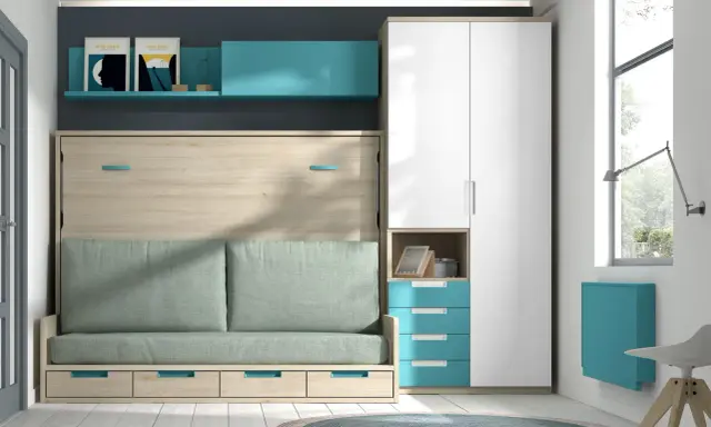Mueble comedor con cama abatible, sofá verde y armario blanco. Estantería azul con cuadros.