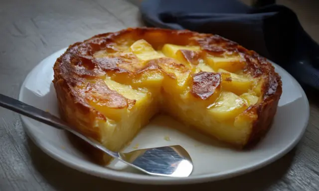 Un délicieux clafoutis pomme, doré et fondant, servi sur une assiette blanche avec une cuillère.