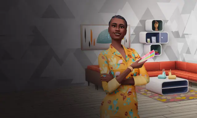 Simka z paletą kolorów, gotowa do projektowania wnętrz w The Sims 4.