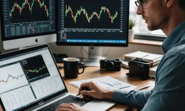 Mężczyzna analizuje wykresy akcji S&P 500 na laptopie i monitorach.