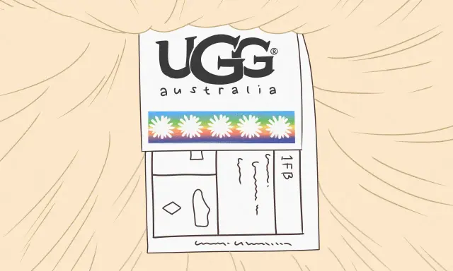 Metka z logo UGG Australia i tęczowym paskiem z kwiatkami. Podpowiada, jak rozpoznać oryginalne UGG.