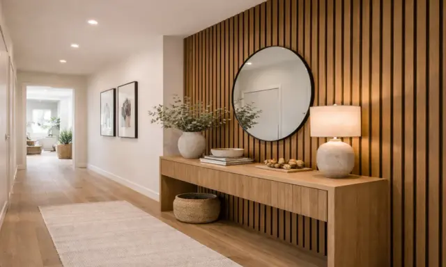 Entrada moderna con pared de listones de madera, consola, espejo redondo y lámpara. Inspiración para como poner listones de madera en la pared.