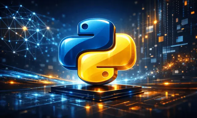 Symbol Python, niebiesko-żółty, na tle cyfrowego świata. To jest python definicja.