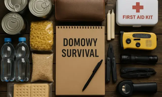 Zestaw do domowego survivalu: konserwy, makaron, ryż, woda, ciastka, apteczka, radio, latarka, scyzoryk, świece i notes.
