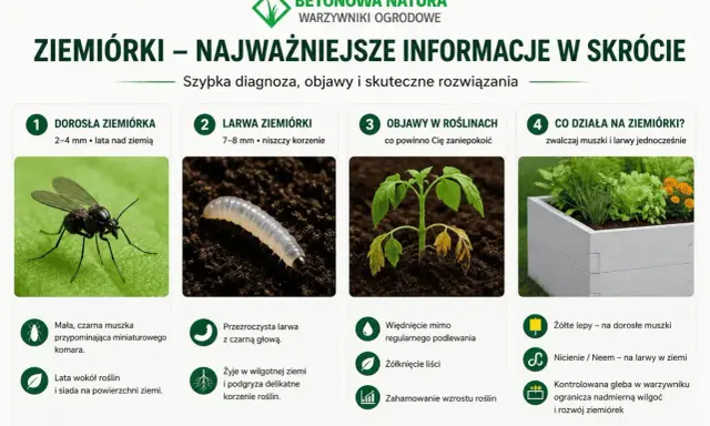 Dorosła ziemiórka to mała, czarna muszka, a jej larwa, która wygląda jak przezroczysty robak z czarną głową, niszczy korzenie roślin.