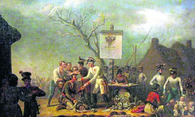 Scena z rabacji galicyjskiej: żołnierze austriaccy otaczają chłopów, jeden z nich wręcza nagrodę.