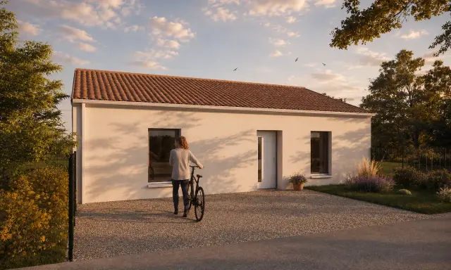 Une femme avec un vélo devant une maison moderne. Le soleil couchant projette de longues ombres. Une maison de l'avenir, prix abordable.