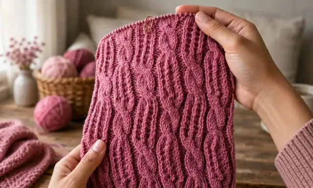 Manos tejiendo un suéter con un hermoso punto de trenzas y ochos en hilo rosa. Bolas de lana y flores secas en el fondo.