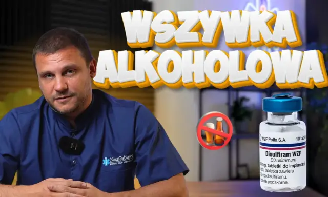 Lekarz w granatowej koszuli prezentuje Disulfiram WZF, który jest formą zastrzyku antyalkoholowego.