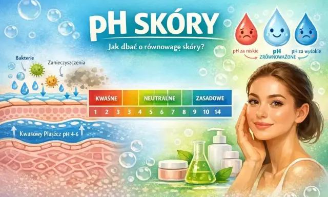 Ilustracja pokazuje warstwy skóry, skalę pH i kosmetyki. Dbanie o równowagę skóry to klucz do jej zdrowia.