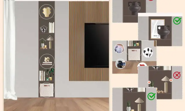 Esempi di **nicchie design** con decorazioni, libri e cesti. Mostra diverse opzioni di arredamento, alcune corrette (con segno di spunta verde), altre da evitare (con croce rossa).