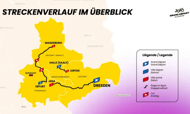 Streckenverlauf der Tour de France Deutschland: Von Magdeburg über Halle, Jena und Erfurt nach Dresden.