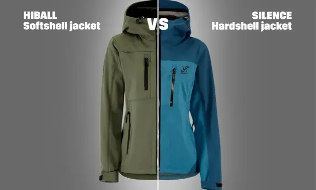 Zielona kurtka softshell HIBALL obok niebieskiej kurtki hardshell SILENCE.