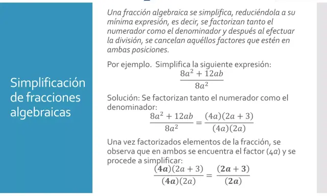 Logos de instituciones educativas y una explicación de cómo simplificar fracciones algebraicas con ejemplos.