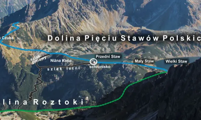 Widok na Dolinę Pięciu Stawów Polskich z zaznaczonymi szlakami. Widać jeziora: Przedni, Mały i Wielki Staw.