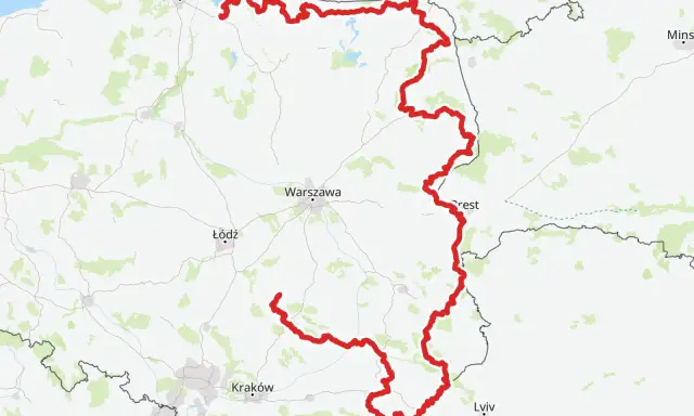 Mapa z zaznaczoną trasą rowerową wzdłuż Mierzei Wiślanej i dalej na południe przez Polskę, docierającą do Lwowa.