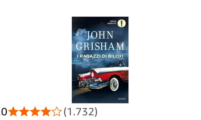 Copertina del libro "I ragazzi di Biloxi" di John Grisham, con un'auto d'epoca rossa e bianca sotto un cielo tempestoso.