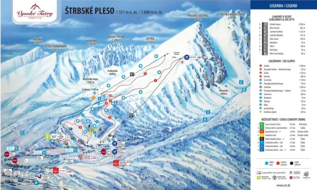 Mapa strediska Štrbské Pleso s vyznačenými zjazdovkami, lanovkami a vrcholmi ako Kriváň a Kozia stena.