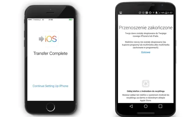 Przenoszenie danych z Androida na iPhone zakończone. Na ekranie iPhone'a komunikat "Transfer Complete", na Androidzie "Przenoszenie zakończone".