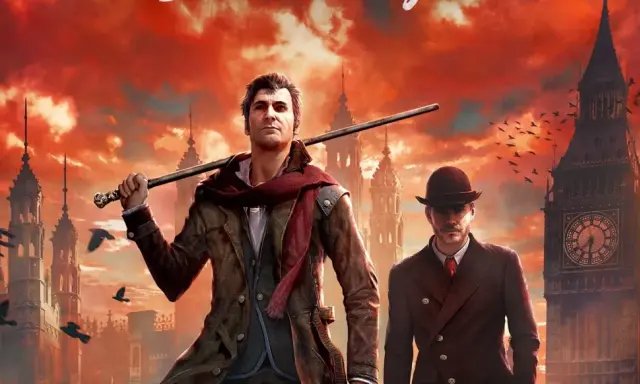 Sherlock Holmes gra w wiktoriańskim Londynie, z Big Benem i krukami na tle czerwonego nieba.