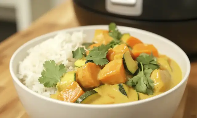 Un bol de riz blanc servi avec un curry de légumes coloré, garni de coriandre fraîche.