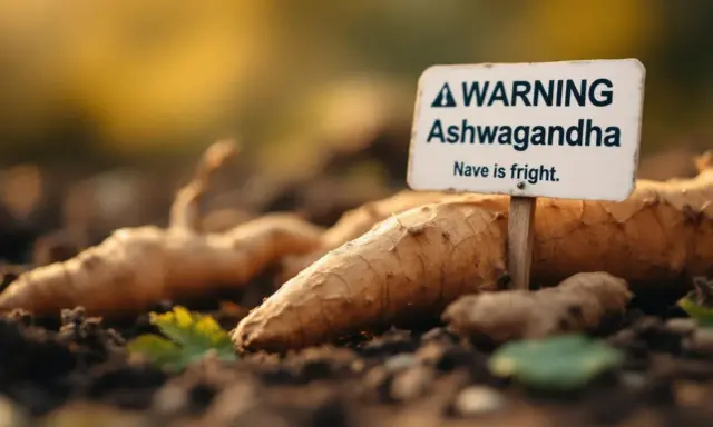 Racines d'ashwagandha fraîchement récoltées, avec un panneau "Attention Ashwagandha". Avis sur l'ashwagandha.