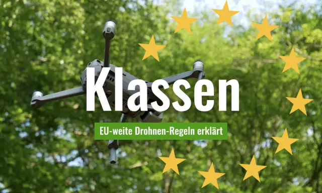 Drohnen-Klassen: EU-weite Regeln für den Betrieb von Drohnen erklärt. Ein Fluggerät schwebt vor grünem Blätterdach, umgeben von gelben Sternen.