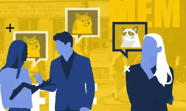 Silhouetten von Menschen, die über Doge und Grumpy Cat sprechen. Ein humorvolles Bild über meme kommunikation.