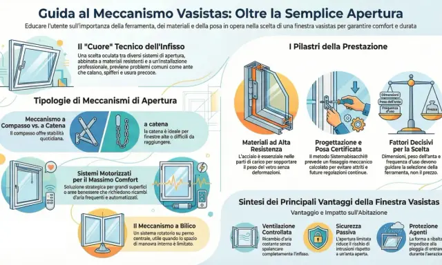 Guida ai meccanismi vasistas: la **doppia finestra per isolamento termico** è fondamentale. Illustra tipi di apertura, materiali, progettazione e vantaggi.