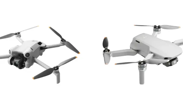 Porównanie dronów DJI: dwa białe modele Mini 3 Pro i Mini 2 SE z rozłożonymi śmigłami na białym tle.