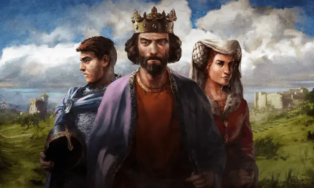 Król, rycerz i dama na tle zamków. Czyżby szukali **age of empires kodów** do szybszego rozwoju?