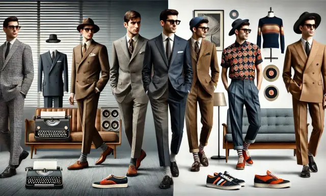Eleganccy mężczyźni w garniturach, prezentujący styl glamour moda męska. W tle manekin w garniturze, maszyny do pisania i meble retro.