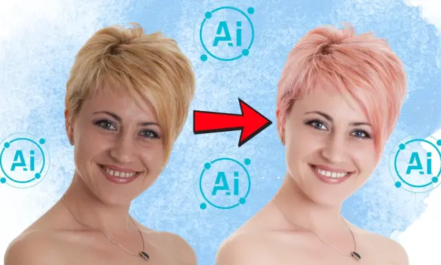 Comparación de antes y después de un programa de retoque fotográfico con IA, mostrando un cambio de cabello rubio a rosa y mejora de la piel.