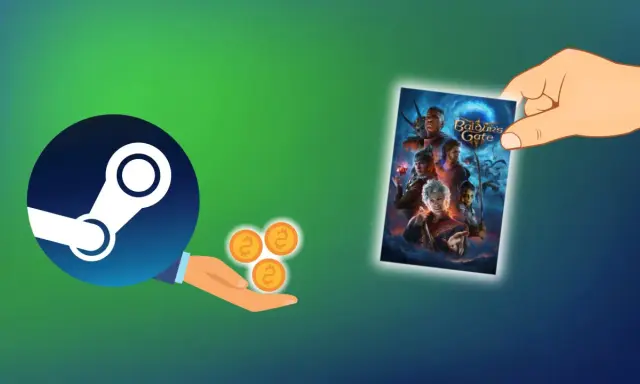 Ręka trzyma kartę z grą Baldur's Gate. Obok logo Steam i monety. Jak usunąć grę z biblioteki Steam?