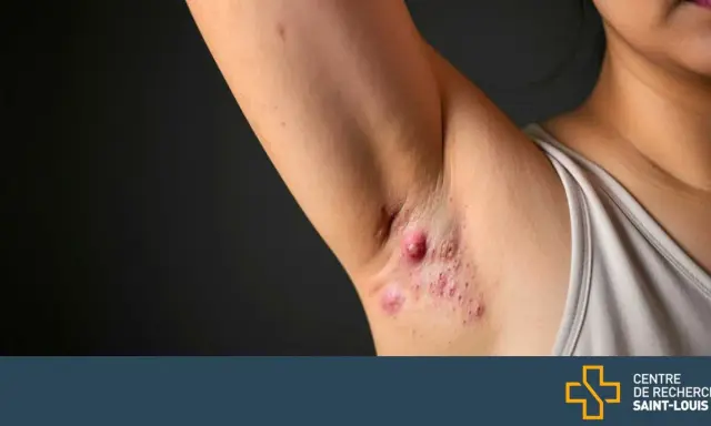 Gros plan sur des boutons sous les aisselles, certains enflammés, sur la peau d'une personne.