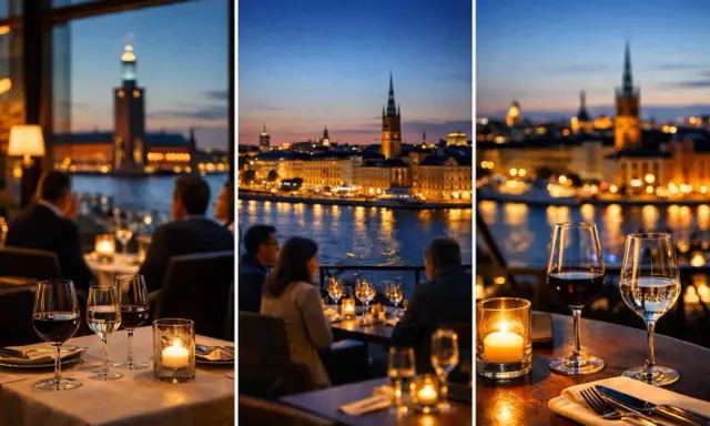 En fin restaurang i Stockholm med fantastisk utsikt över stadens silhuett vid skymningen. Bord med levande ljus och vin.