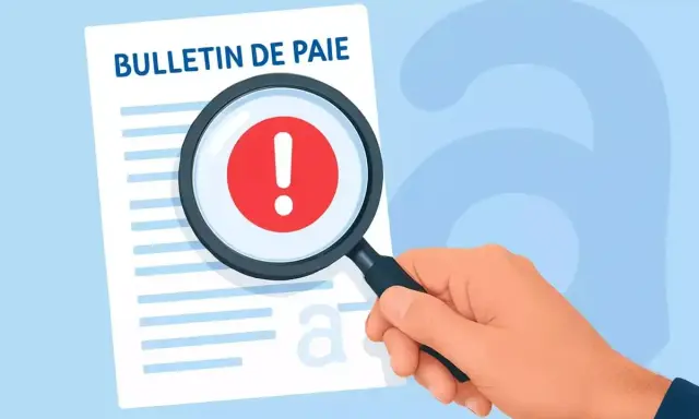 Une loupe examine un bulletin de paie avec un point d'exclamation rouge. Cela pourrait symboliser une erreur ou un problème, comme dans le calcul temps de navigation maritime.