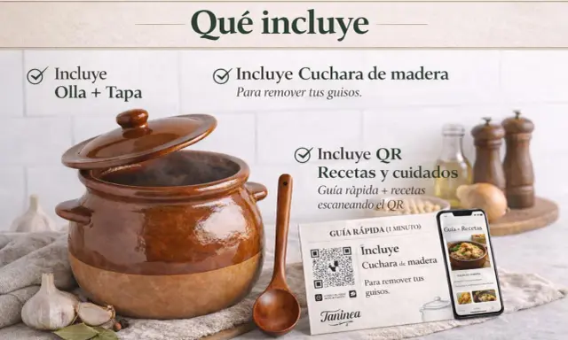 La cocina de barro incluye olla, tapa, cuchara de madera para tus guisos y QR con recetas.