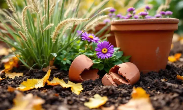 Des pots en terre cuite, des fleurs violettes et de l'herbe ornementale pour créer un jardin de pots. Des feuilles d'automne jonchent le sol.