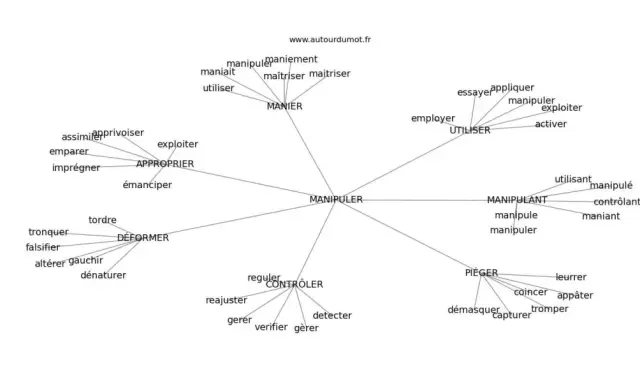 Carte mentale des synonymes de "manipuler" : manier, utiliser, déformer, contrôler, piéger, s'approprier.