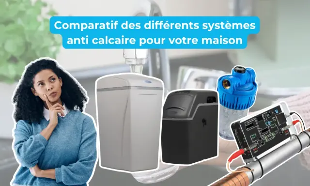 Comparatif de systèmes anti-calcaire pour votre maison. Une femme réfléchit face à des appareils pour traiter l'eau très calcaire.