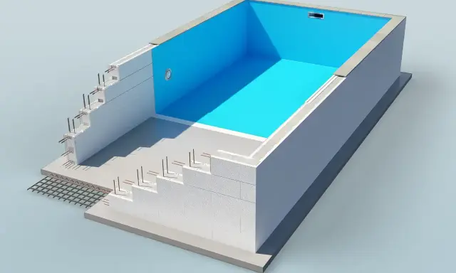 En illustration visar hur man kan bygga billig pool med isolerblock och armering. En blå liner täcker insidan.